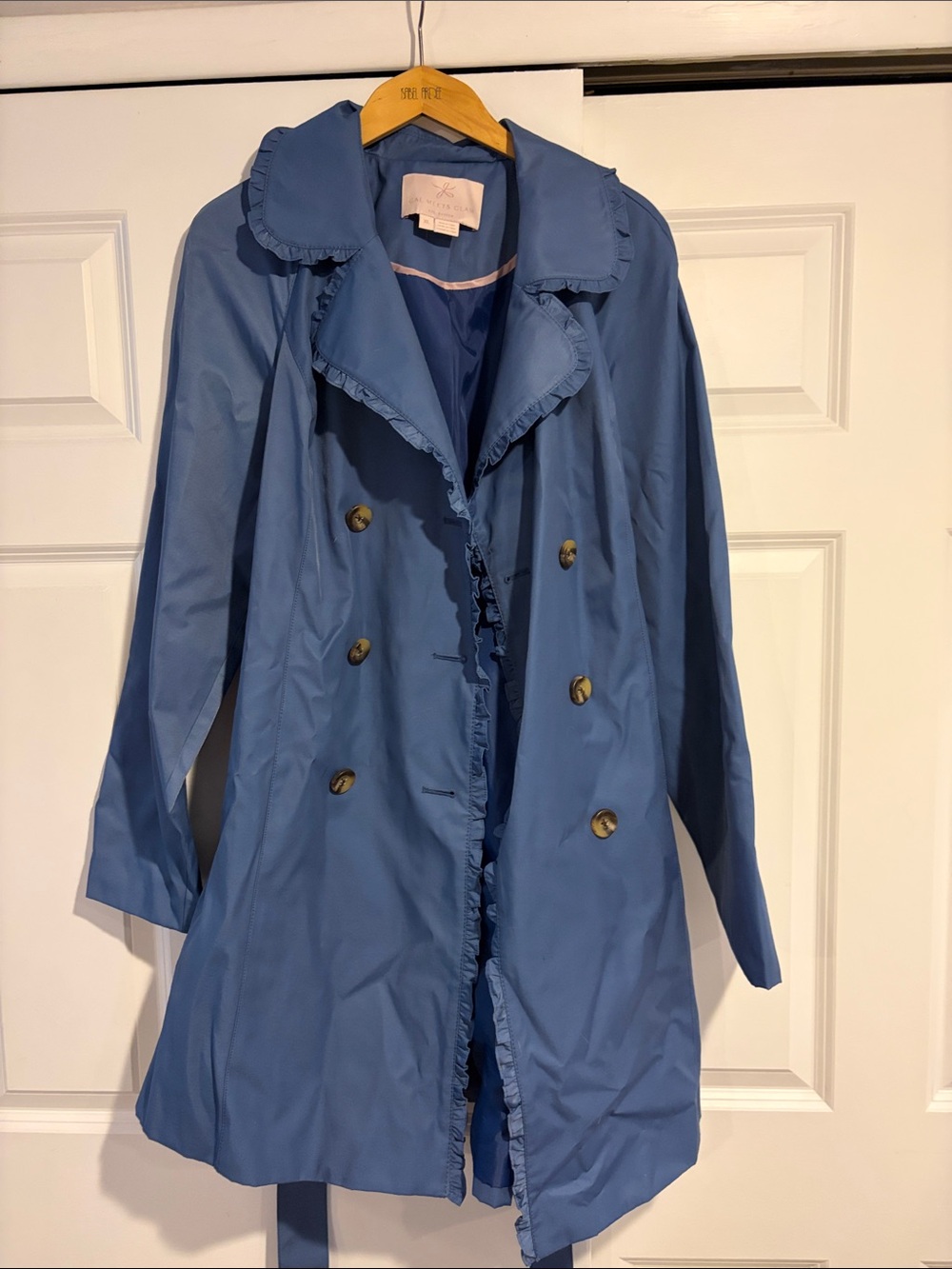 Blue Double-Breasted Ruffle Trench Coat - Women